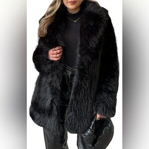 NWOT Women Faux Fur Coat Long Fluffy Shaggy Jacket Lapel Furry Fuzzy Outerwear